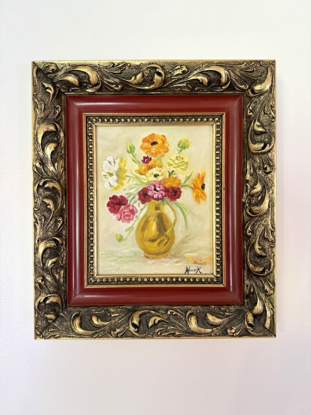 Vintage 1971 Orig Floral Signed Kovick Oil Painting Original Ornate Gold Frame
